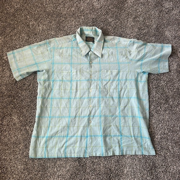 Vintage 60s Sears The Men's Store Loop Collar Shirt Plaid Rayon Blend Rockabilly